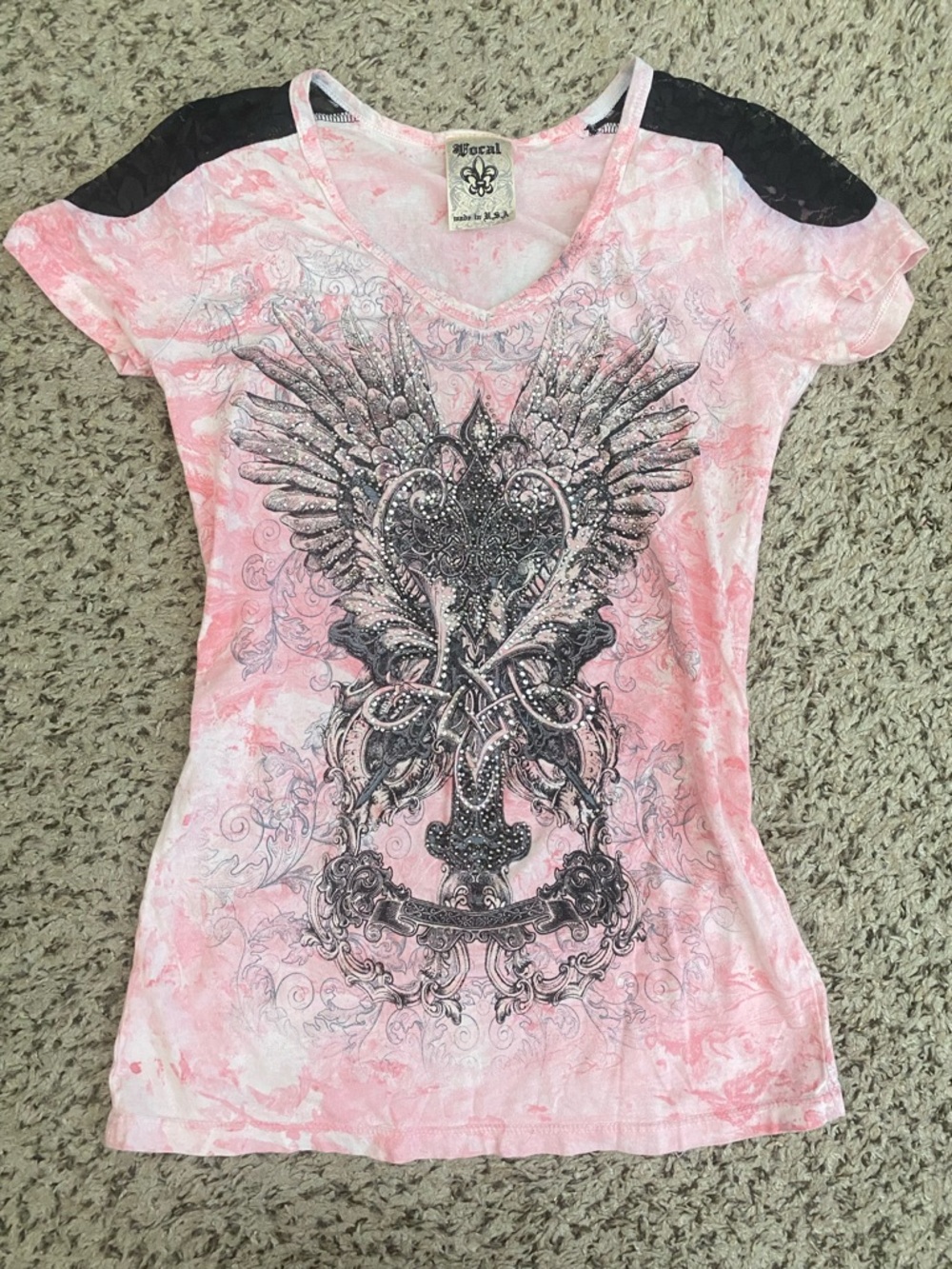 Rare Y2k Grunge Vocal Pink Graphic Rhinestone Winged Cross Tee
